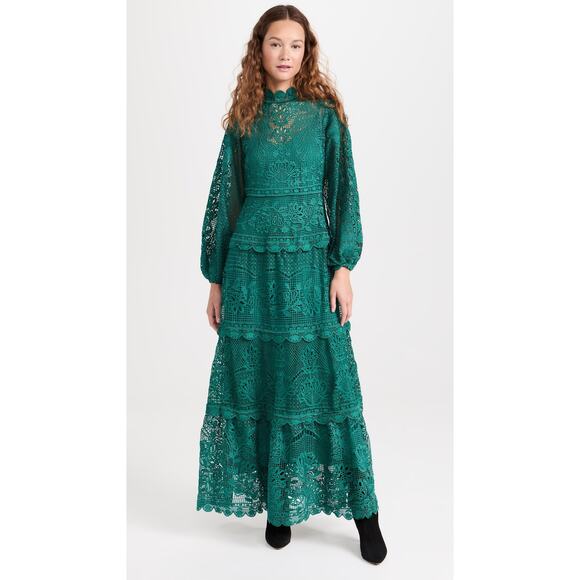 FARM Rio Dresses & Skirts - NWT FARM RIO Dark Green Guipure Long Sleeve Maxi Dress Medium M